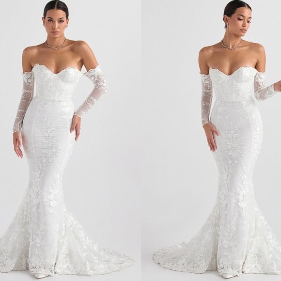 HOUSE OF CB 'Isabelle' White Lace Long Sleeve Bridal Gown NWOT - Picture 2 of 16